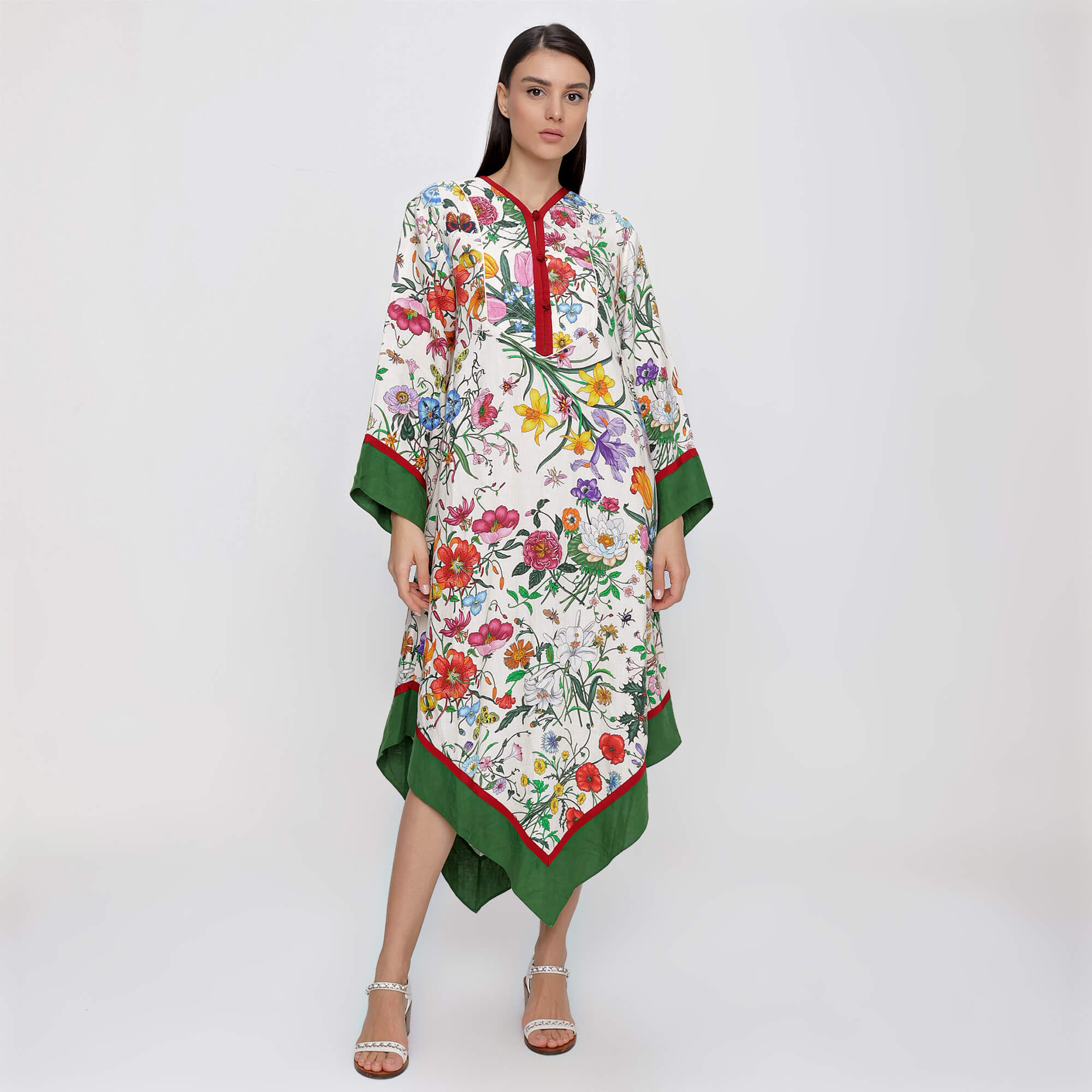 Gucci - Multicolour Linen Floral Print Green Trim Kaftan